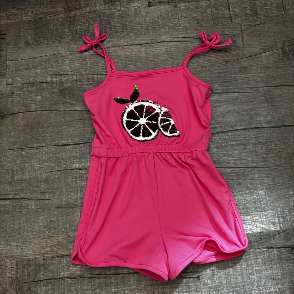 Btween‎ Girls Pink Sequined Citrus Fruit Spaghetti Strap Romper Size 6
